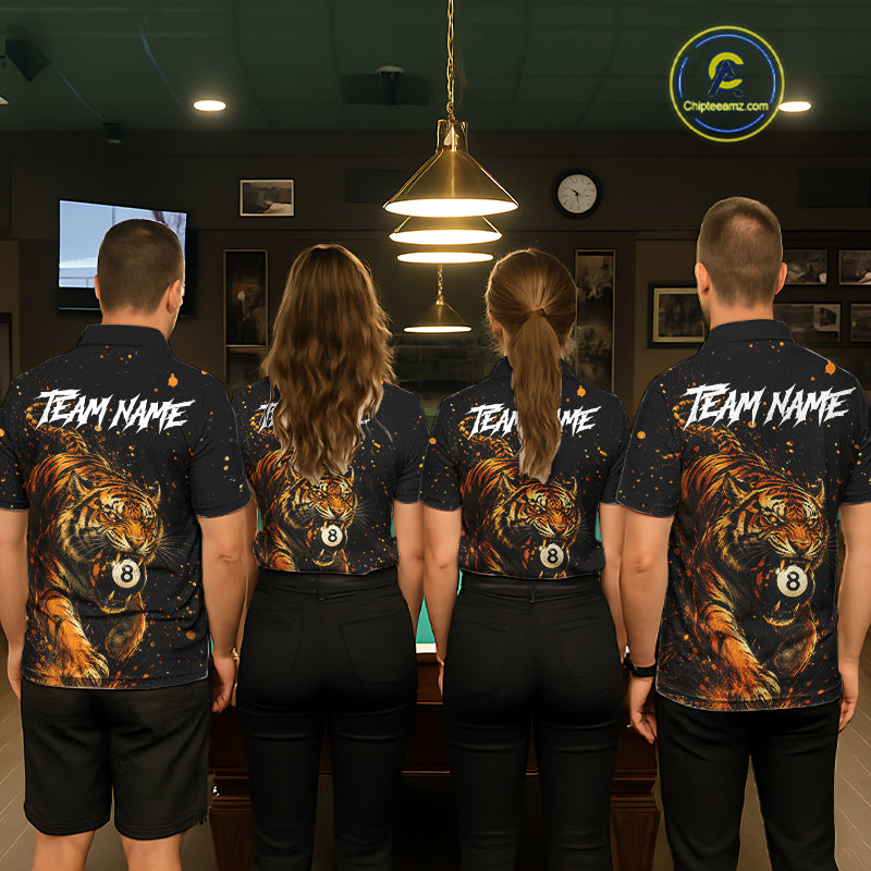 Billiard team wearing matching grunge tiger 8 ball pool jerseys back view.