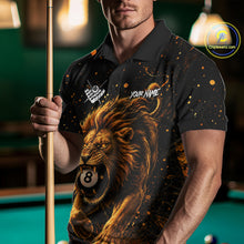 Load image into Gallery viewer, Man wearing personalized grunge lion 8 ball billiard polo shirt front view.