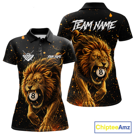 Personalized grunge lion 8 ball billiard quarter zip shirt for men, custom pool team jersey and league apparel.