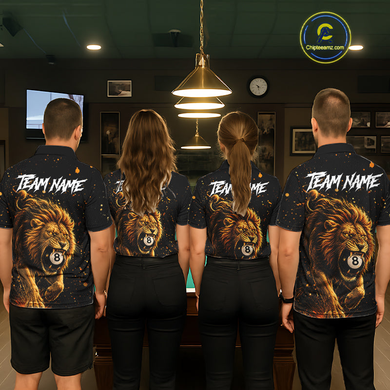 Billiard team wearing matching grunge lion 8 ball jerseys back view.