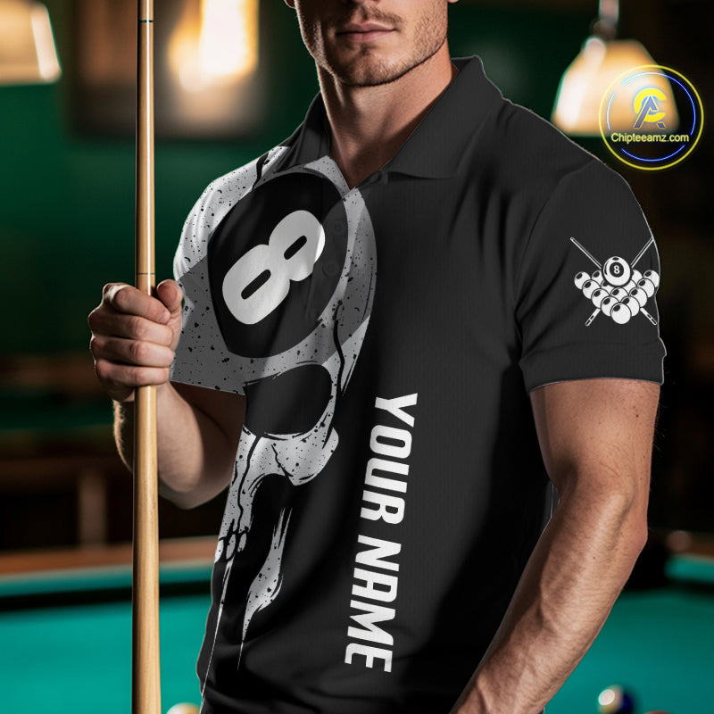 Man wearing personalized American flag 8 ball skull billiard polo shirt front view.