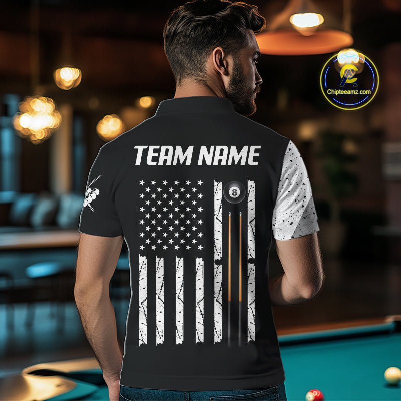 Man wearing personalized American flag 8 ball skull billiard polo shirt back view.