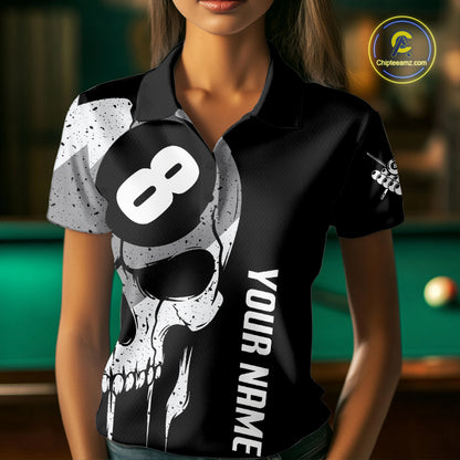 Woman wearing personalized American flag 8 ball skull billiard polo shirt front view.