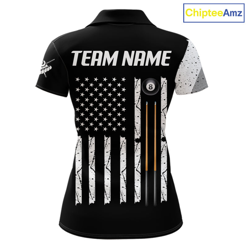 Personalized American flag 8 ball skull billiard pool team jersey polo shirt for women, custom 8 ball pool league apparel and billiard tournament jersey.