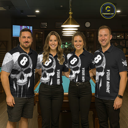Billiard team wearing matching American flag 8 ball skull jerseys front view.