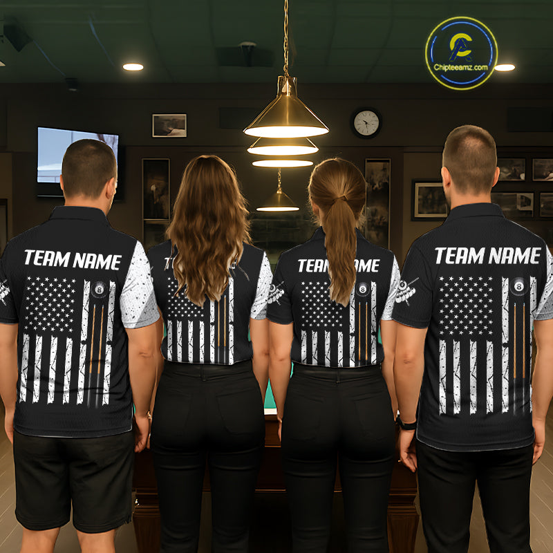 Billiard team wearing matching American flag 8 ball skull jerseys front view.