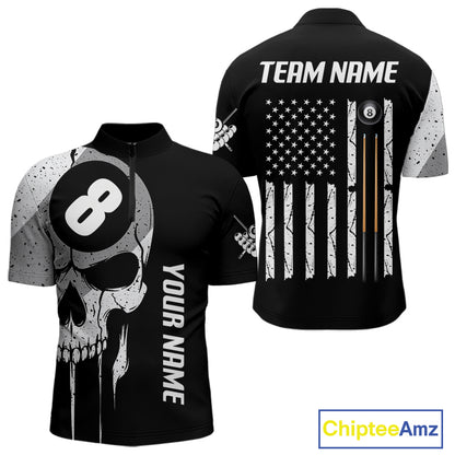 Personalized American flag 8 ball skull billiard quarter zip shirt for men, custom 8 ball pool team jersey and league apparel.