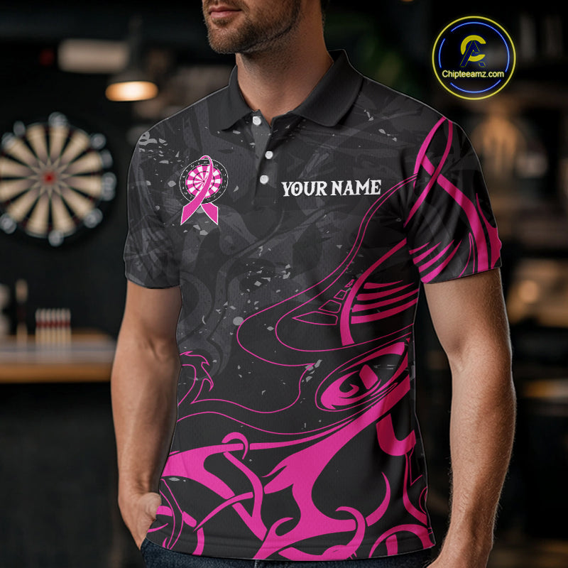 Pink Black Custom Breast Cancer Wings Dart Shirt For Men With Pocket Option TDM4491
