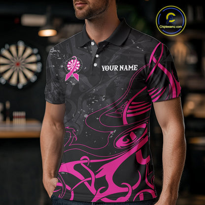 Pink Black Custom Breast Cancer Wings Dart Shirt For Men With Pocket Option TDM4491