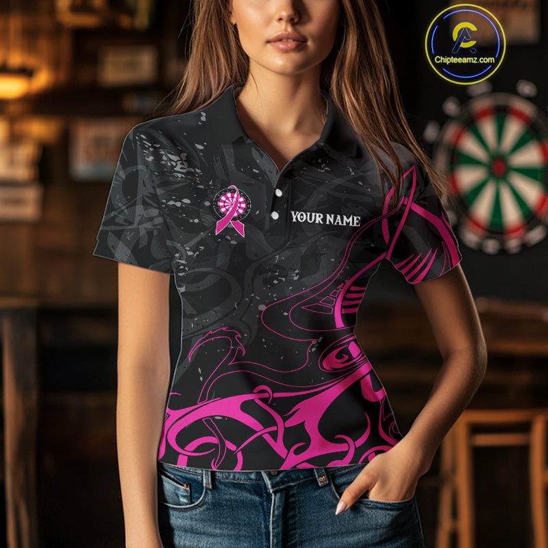 Pink Black Custom Breast Cancer Wings Dart Shirt For Women With Pocket Option TDM4491
