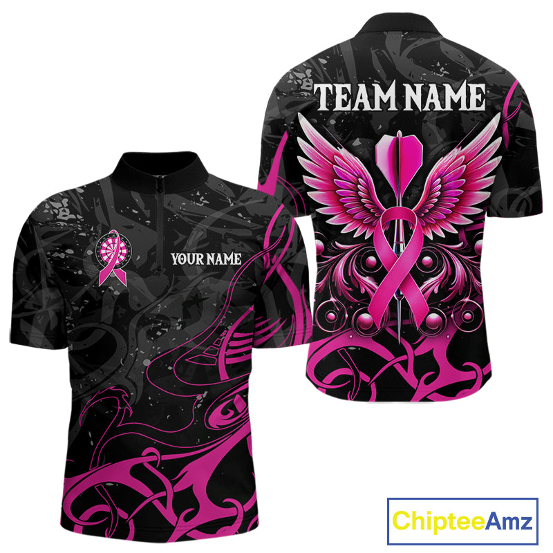 Pink Black Custom Breast Cancer Wings Dart Shirt For Men With Pocket Option TDM4491