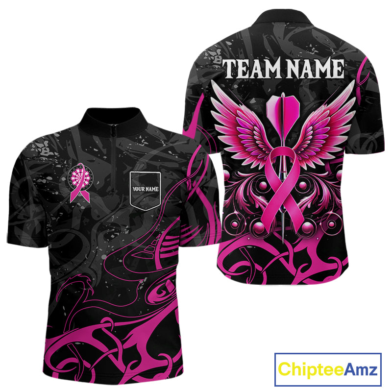 Pink Black Custom Breast Cancer Wings Dart Shirt For Men With Pocket Option TDM4491