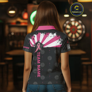 Personalized Pink Ribbon Darts Shirt For Women Custom Breast Cancer Awareness Darts Team Jersey TDM4492