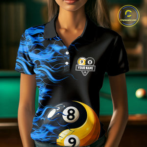 Blue Flaming Funny Yin-Yang 8 Ball & 9 Ball Billiard Shirt For Women Custom Pool Team Jerseys TDM4711