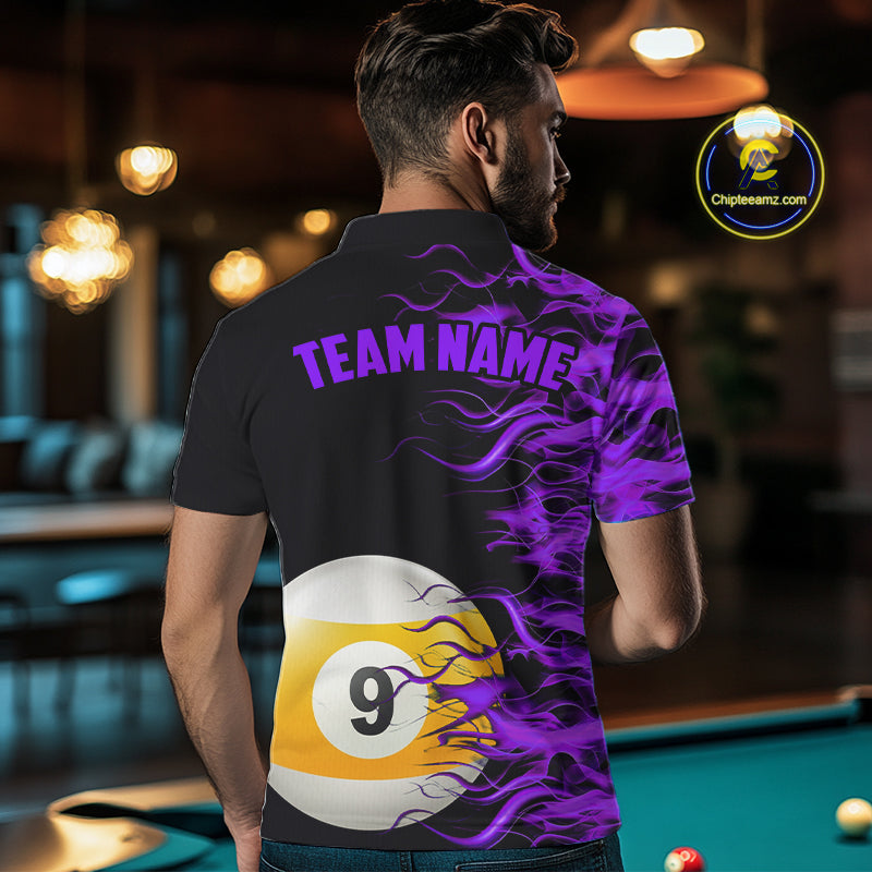 Purple Flaming 8 Ball & 9 Ball Billiard Shirt For Men Custom Pool Team Jersey Polo & 1/4 Zip TDM4713