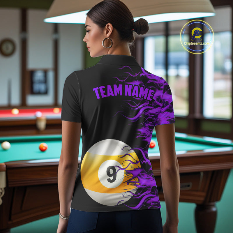 Purple Flaming 8 Ball & 9 Ball Billiard Shirt For Women Custom Pool Team Jersey Polo & 1/4 Zip TDM4713
