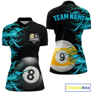 Turquoise Flaming 8 Ball & 9 Ball Billiard Shirt For Women Custom Pool Team Jersey Polo & 1/4 Zip TDM4714