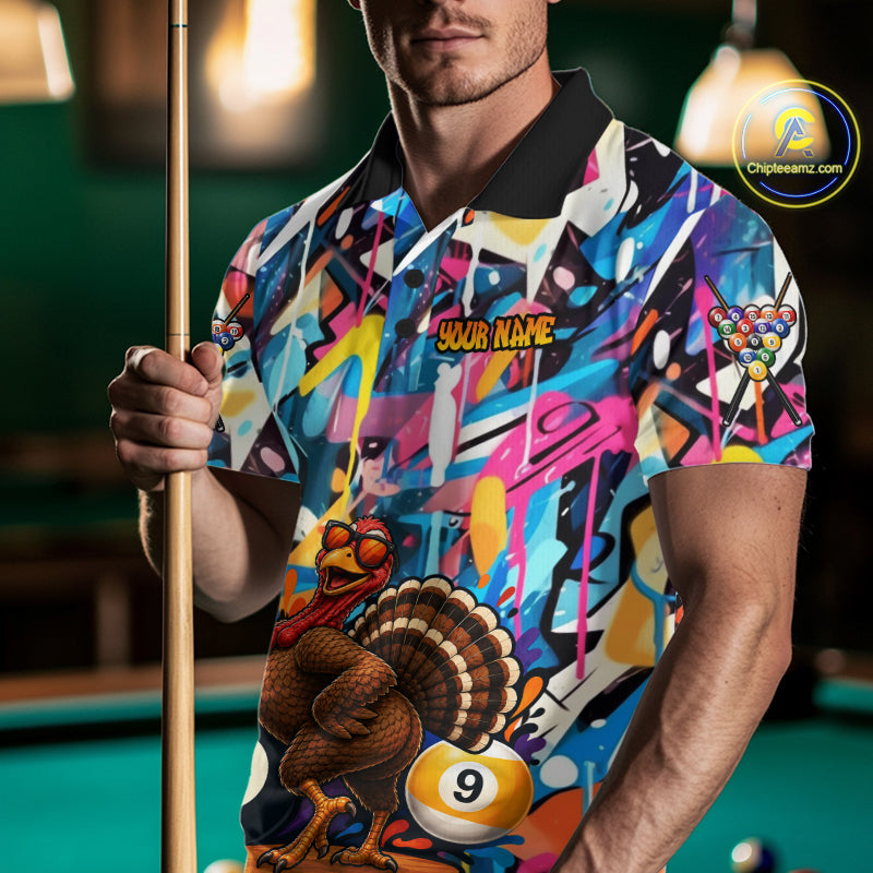 Funny Turkey Colorful Graffiti 8 Ball 9 Ball Billiard Shirts For Men Custom Pool Team Jersey TDM7407