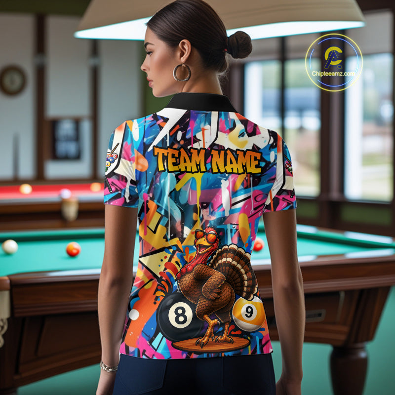 Funny Turkey Colorful Graffiti 8 Ball 9 Ball Billiard Shirts For Women Custom Pool Team Jersey TDM7407