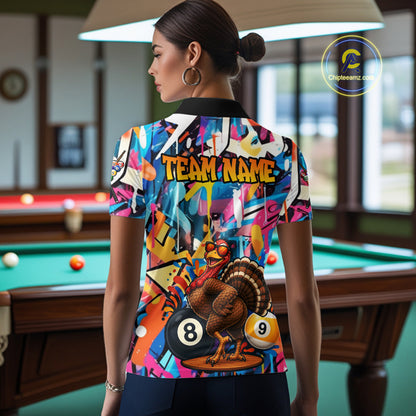 Funny Turkey Colorful Graffiti 8 Ball 9 Ball Billiard Shirts For Women Custom Pool Team Jersey TDM7407