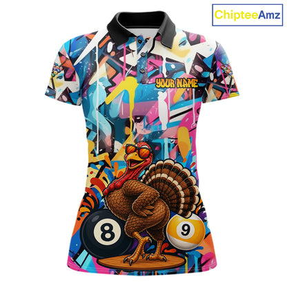 Funny Turkey Colorful Graffiti 8 Ball 9 Ball Billiard Shirts For Women Custom Pool Team Jersey TDM7407