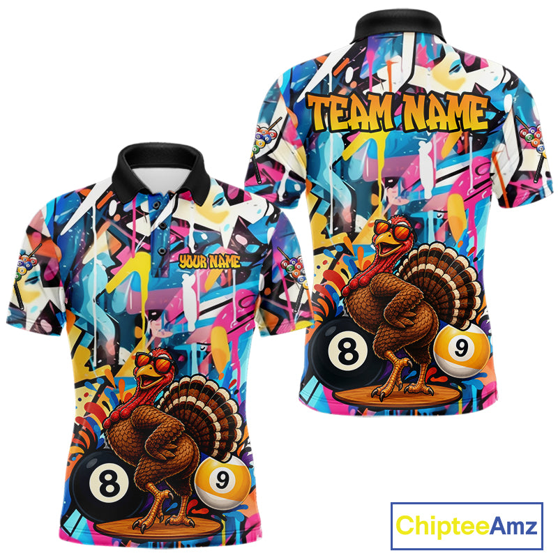 Funny Turkey Colorful Graffiti 8 Ball 9 Ball Billiard Shirts For Men Custom Pool Team Jersey TDM7407