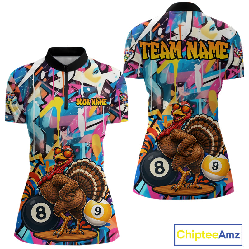 Funny Turkey Colorful Graffiti 8 Ball 9 Ball Billiard Shirts For Women Custom Pool Team Jersey TDM7407