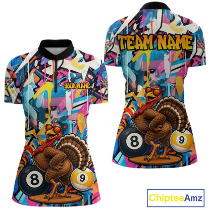 Funny Turkey Colorful Graffiti 8 Ball 9 Ball Billiard Shirts For Women Custom Pool Team Jersey TDM7407