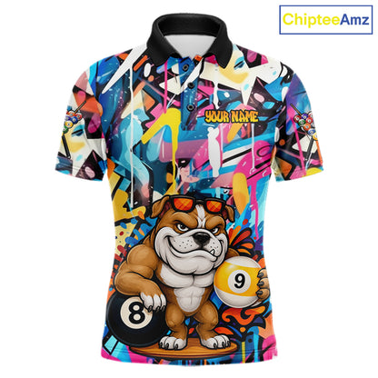 Funny Bulldog Colorful Graffiti 8 & 9 Ball Billiard Shirt For Men Custom Thanksgiving Pool Jersey TDM7408