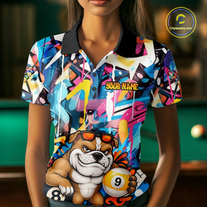 Funny Bulldog Colorful Graffiti 8 & 9 Ball Billiard Shirt For Women Custom Thanksgiving Pool Jersey TDM7408