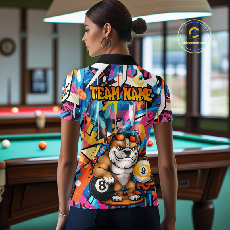 Funny Bulldog Colorful Graffiti 8 & 9 Ball Billiard Shirt For Women Custom Thanksgiving Pool Jersey TDM7408
