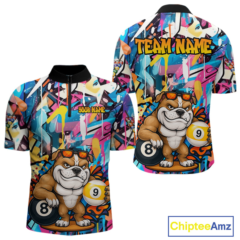 Funny Bulldog Colorful Graffiti 8 & 9 Ball Billiard Shirt For Men Custom Thanksgiving Pool Jersey TDM7408