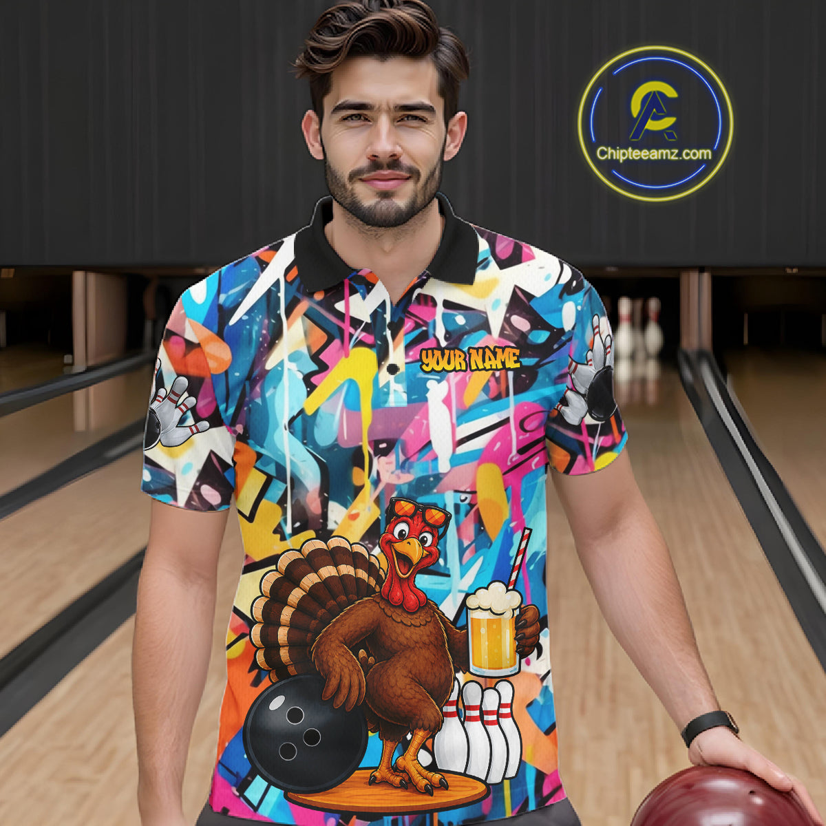 Funny Turkey Colorful Graffiti Bowling Shirts For Men Custom Bowling Team Jersey Polo & 1/4 Zip TDM7411