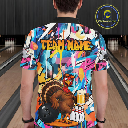 Funny Turkey Colorful Graffiti Bowling Shirts For Men Custom Bowling Team Jersey Polo & 1/4 Zip TDM7411