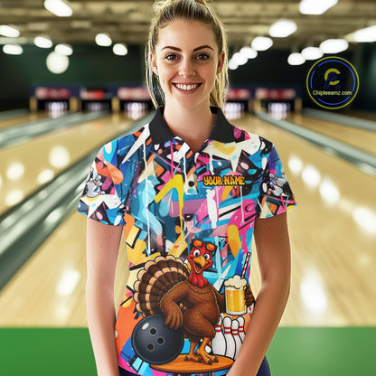 Funny Turkey Colorful Graffiti Bowling Shirts For Women Custom Bowling Team Jersey Polo & 1/4 Zip TDM7411