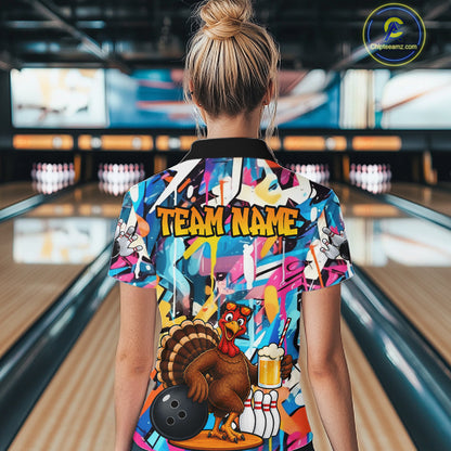 Funny Turkey Colorful Graffiti Bowling Shirts For Women Custom Bowling Team Jersey Polo & 1/4 Zip TDM7411