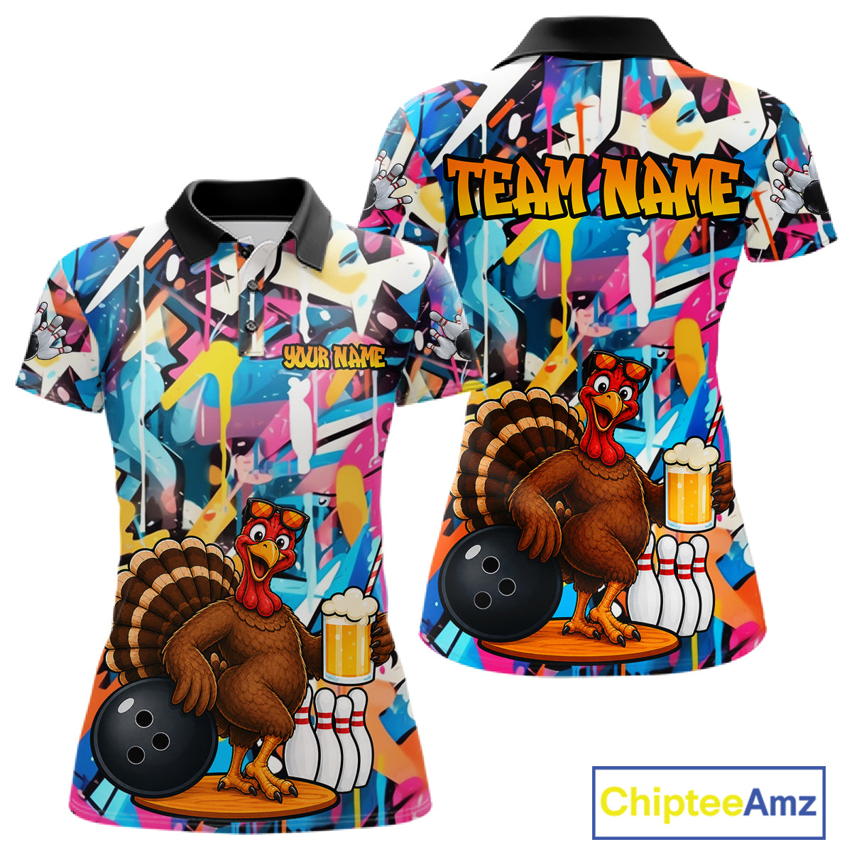 Funny Turkey Colorful Graffiti Bowling Shirts For Women Custom Bowling Team Jersey Polo & 1/4 Zip TDM7411