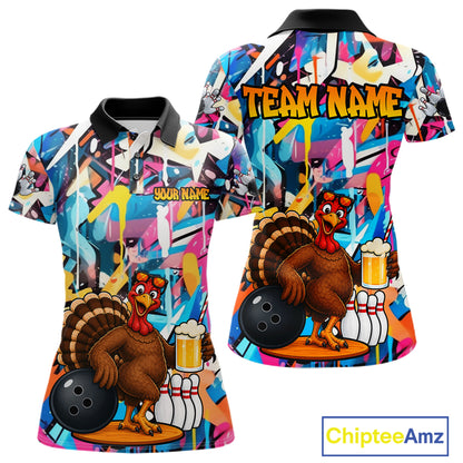 Funny Turkey Colorful Graffiti Bowling Shirts For Women Custom Bowling Team Jersey Polo & 1/4 Zip TDM7411
