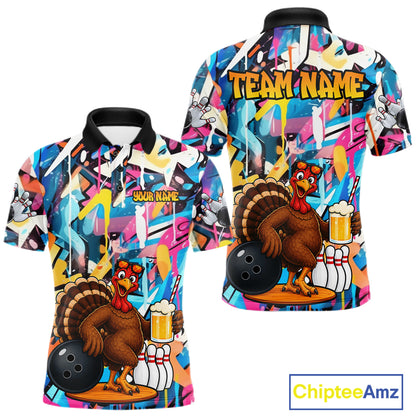 Funny Turkey Colorful Graffiti Bowling Shirts For Men Custom Bowling Team Jersey Polo & 1/4 Zip TDM7411