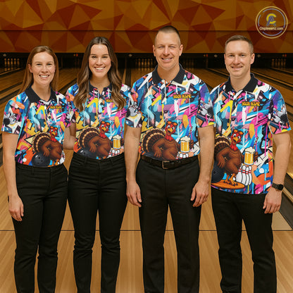 Funny Turkey Colorful Graffiti Bowling Shirts For Women Custom Bowling Team Jersey Polo & 1/4 Zip TDM7411