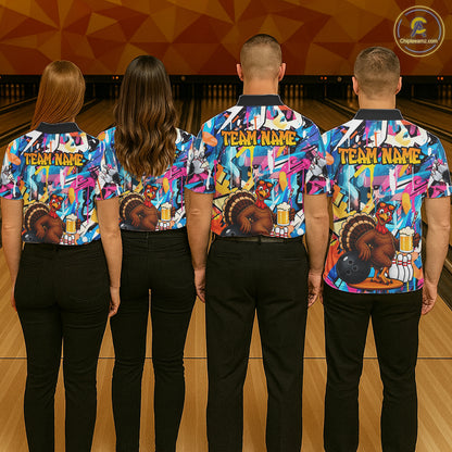 Funny Turkey Colorful Graffiti Bowling Shirts For Women Custom Bowling Team Jersey Polo & 1/4 Zip TDM7411