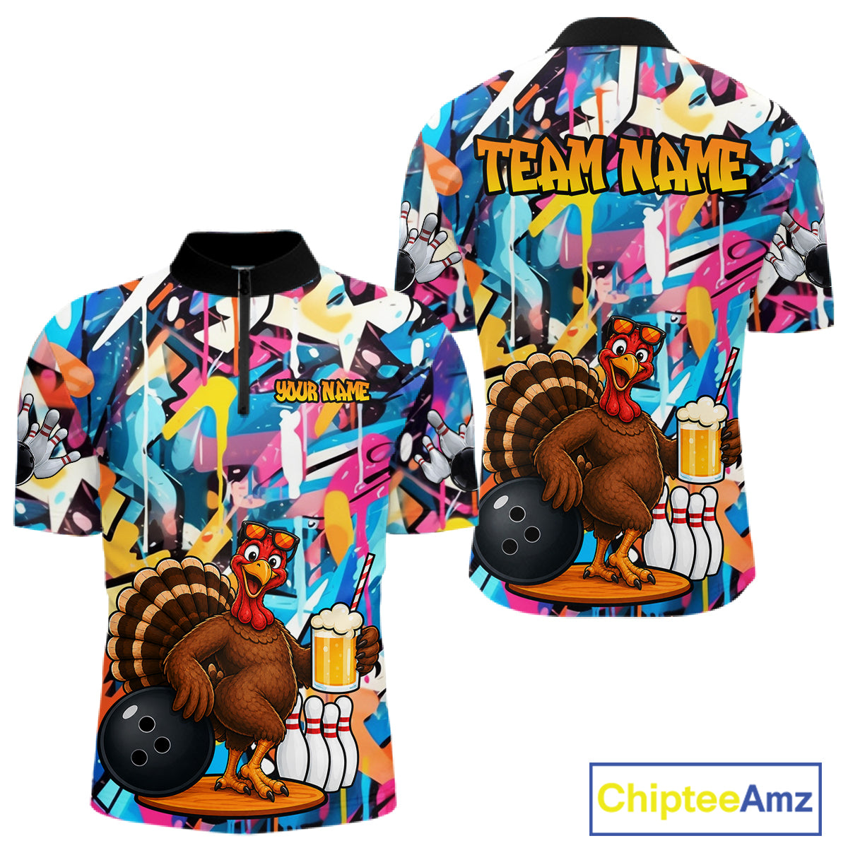 Funny Turkey Colorful Graffiti Bowling Shirts For Men Custom Bowling Team Jersey Polo & 1/4 Zip TDM7411