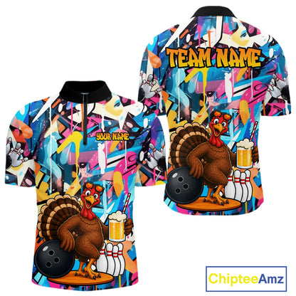 Funny Turkey Colorful Graffiti Bowling Shirts For Men Custom Bowling Team Jersey Polo & 1/4 Zip TDM7411