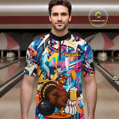Funny Turkey Colorful Graffiti Bowling Shirts For Men Custom Bowling Team Jersey Polo & 1/4 Zip TDM7411