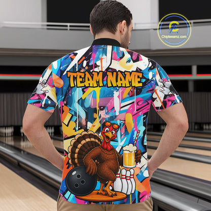 Funny Turkey Colorful Graffiti Bowling Shirts For Men Custom Bowling Team Jersey Polo & 1/4 Zip TDM7411