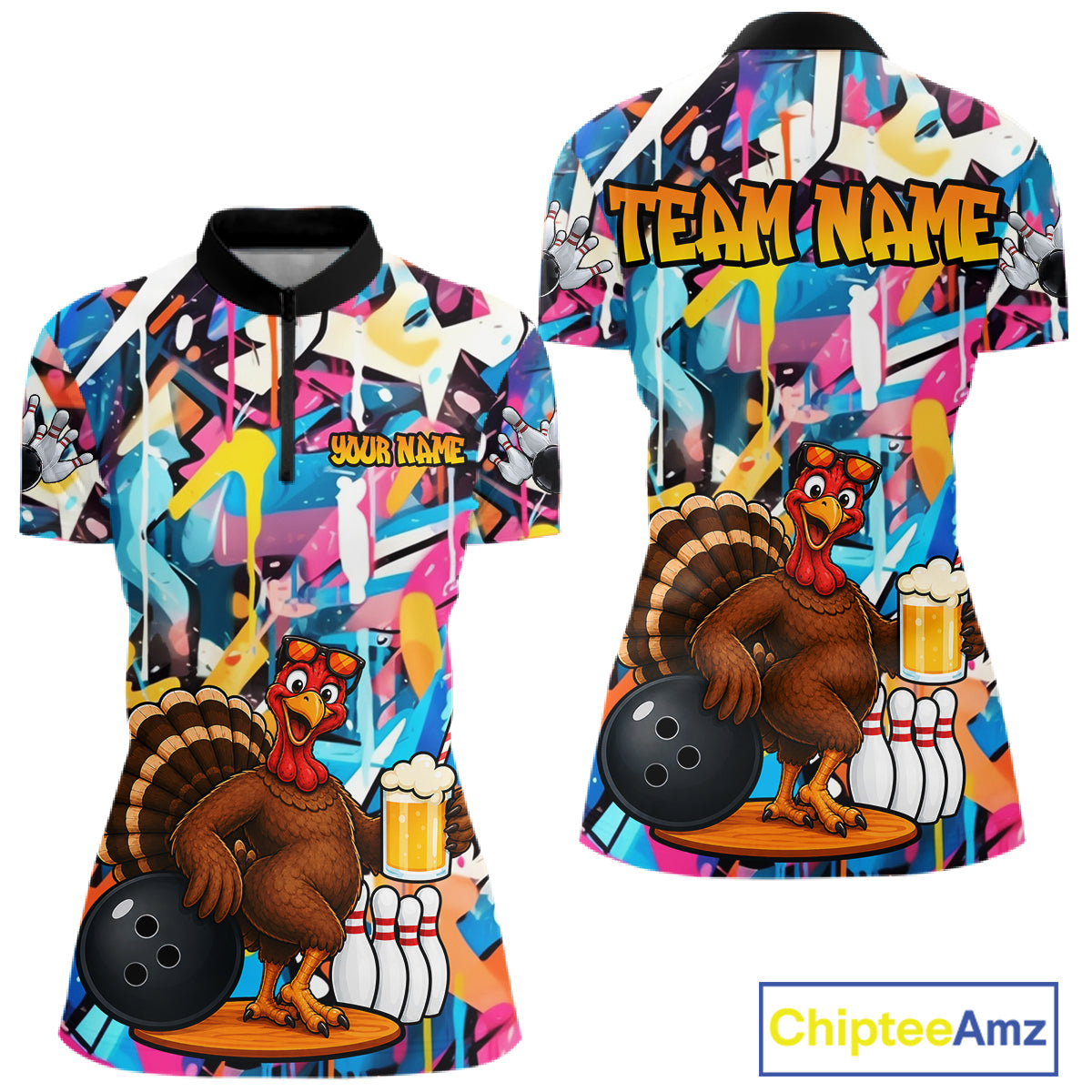 Funny Turkey Colorful Graffiti Bowling Shirts For Women Custom Bowling Team Jersey Polo & 1/4 Zip TDM7411