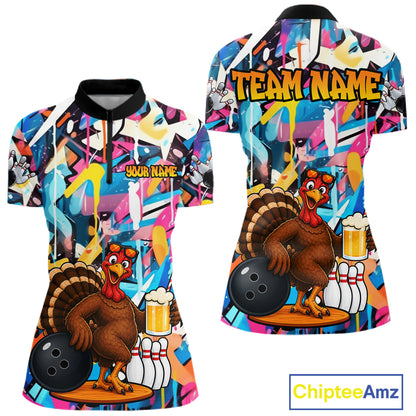 Funny Turkey Colorful Graffiti Bowling Shirts For Women Custom Bowling Team Jersey Polo & 1/4 Zip TDM7411
