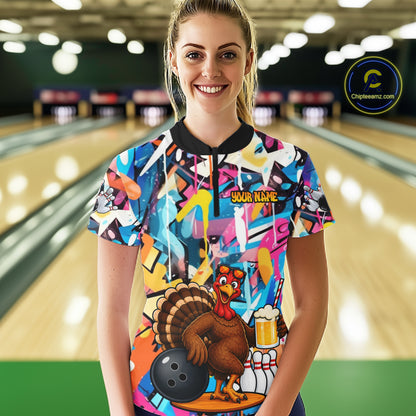 Funny Turkey Colorful Graffiti Bowling Shirts For Women Custom Bowling Team Jersey Polo & 1/4 Zip TDM7411