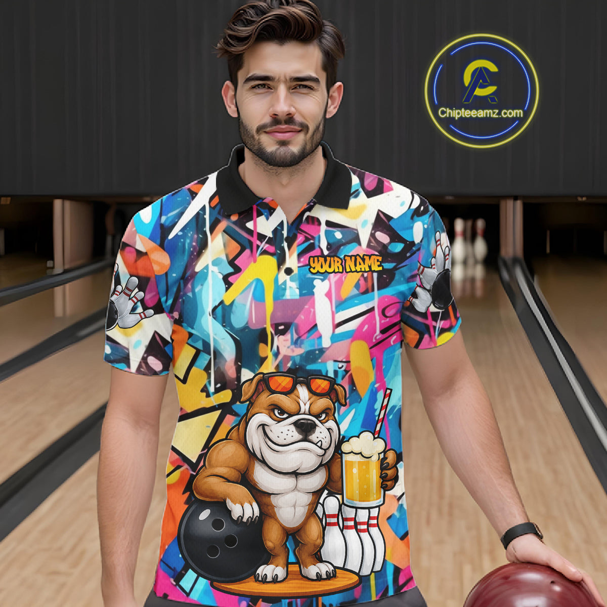 Funny Bulldog Colorful Graffiti Bowling Shirts For Men Custom Thanksgiving Bowling Team Jersey TDM7412