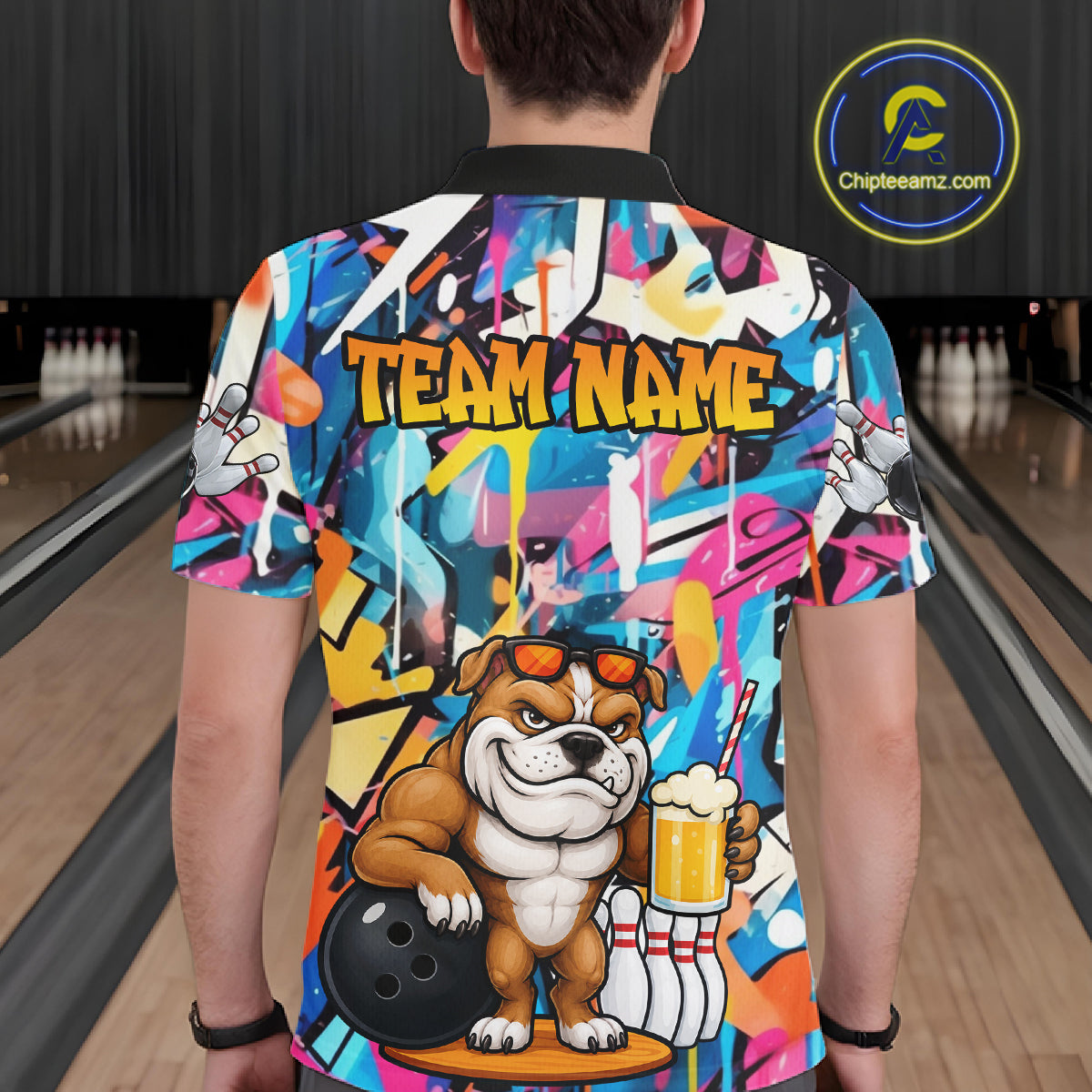 Funny Bulldog Colorful Graffiti Bowling Shirts For Men Custom Thanksgiving Bowling Team Jersey TDM7412